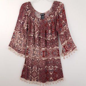 Paper Dolls Boho Dress, Fringe, Wine and Tan